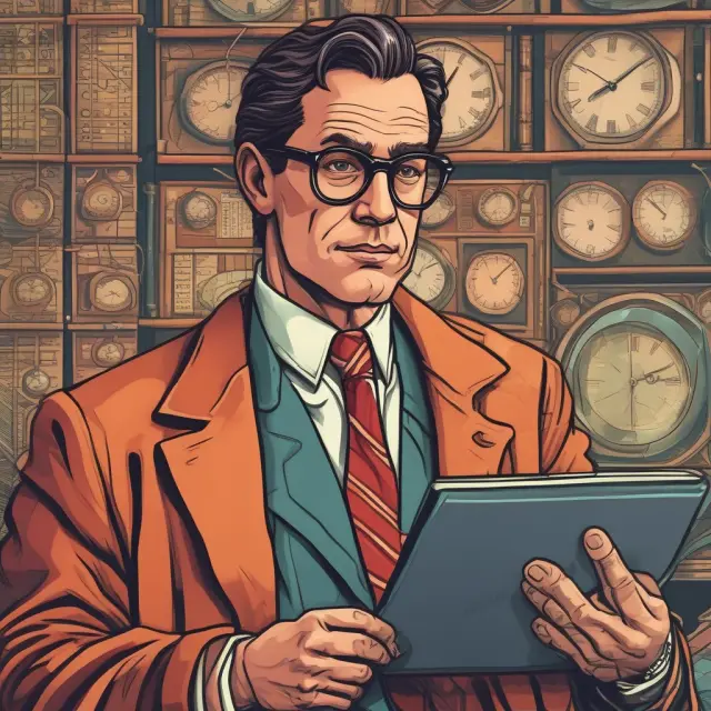 A man in a suit travels through eras as a traditional, discount, and full-service stockbroker. A metaphorical representation of the evolution from traditional to digital brokers.