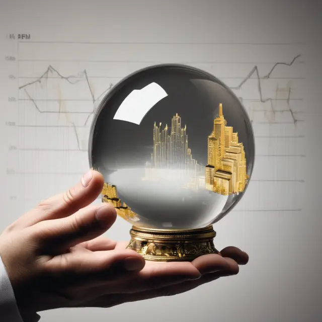 An executive examines growth charts while holding a crystal ball filled with golden performance shares