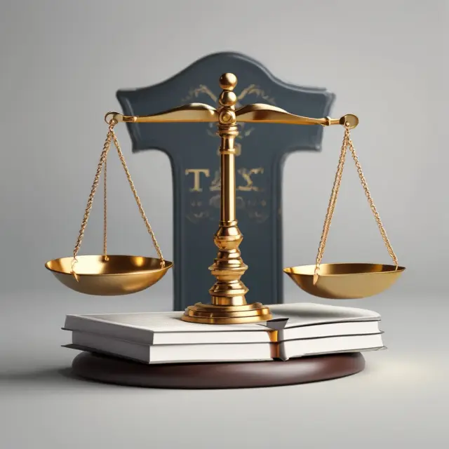 A pair of scales holding gold books and tax documents represent the legal requirements and tax regulations of stock compensation plans. The shield symbolizes the company