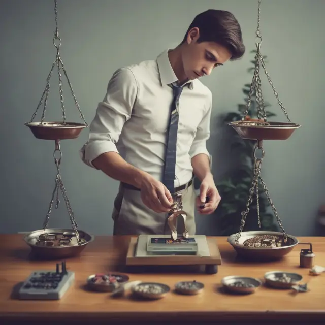 An employee considers various methods - cash exercise, net exercise, sell-to-cover transaction, same-day sale, and collars - for exercising stock options, symbolized as pans on a balance scale.