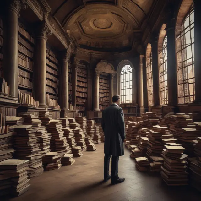 Financial journalist examining stock dividend entries among towering balance sheet books