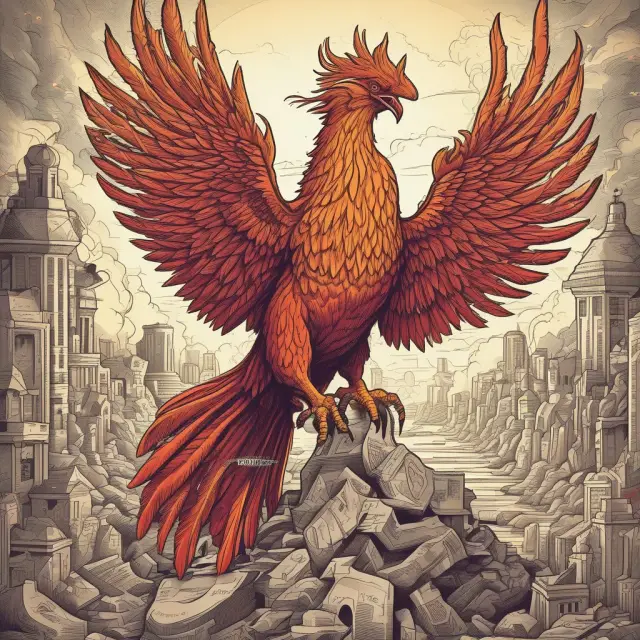 A phoenix emerging from a pile of assets and liabilities, representing the concept of stockholders