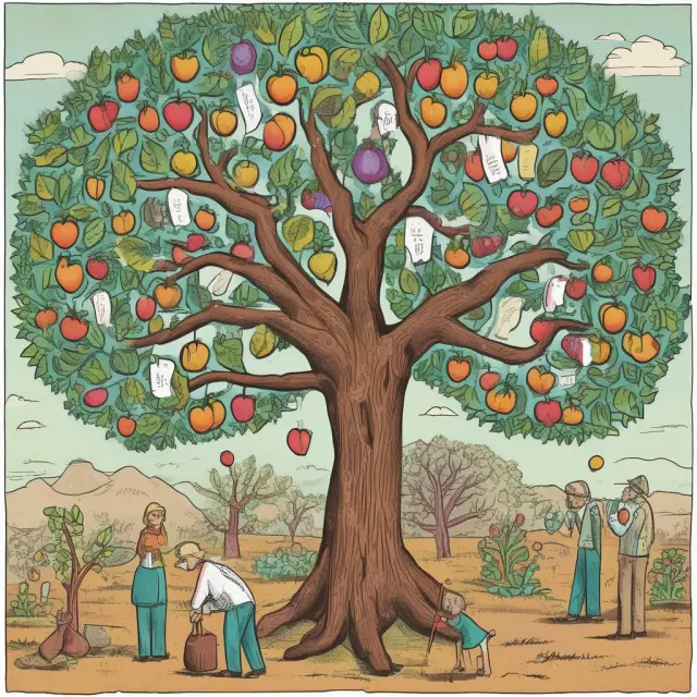 An image of fruit-bearing trees representing various FAQs about the stock market and their answers growing from its roots.