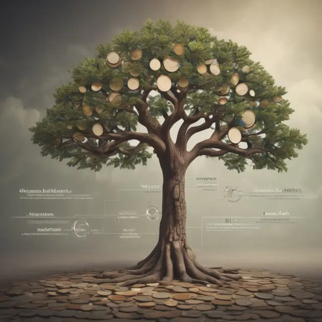 An ancient tree blooming with coins representing various time periods, illustrating the evolution and growth of stock markets
