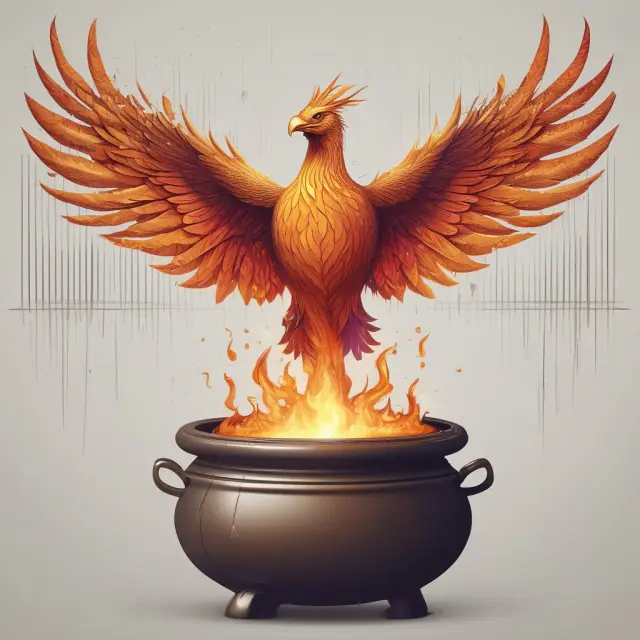 An image of a mythical phoenix emerging from a bubbling cauldron, signifying the growth and transformation of the stock market.