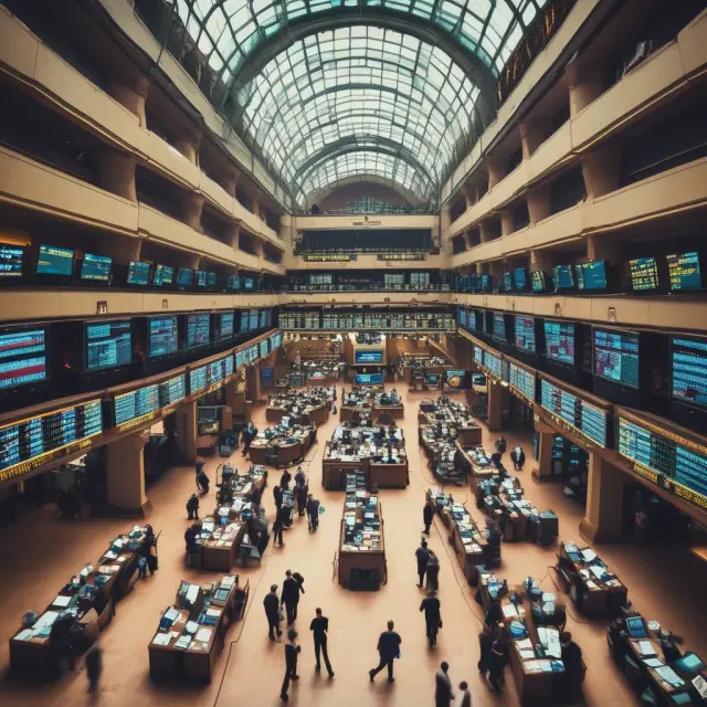 An image of a dynamic stock exchange floor filled with flowing terminology tiles representing essential financial concepts