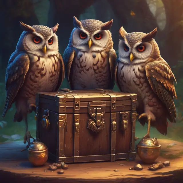 Three wise owl figures symbolizing CBOE, PHLX, and ISE guarding a treasure chest filled with stock option contracts