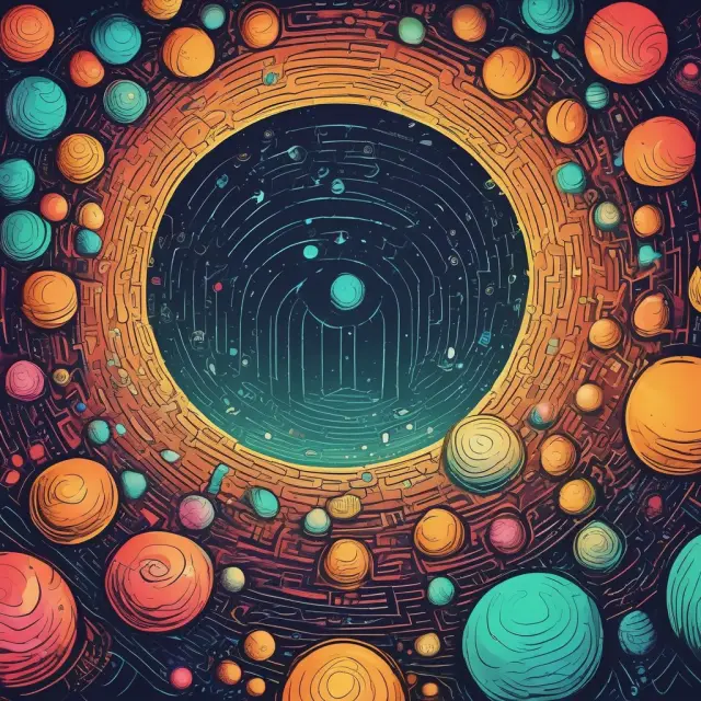 Orbs representing market cap, EPS, dividend yield, ROI, and analyst recommendations illuminating a maze of stock tickers