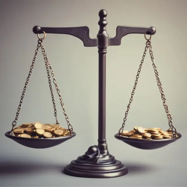 Two scales representing the advantages and disadvantages of a stock split. Gold coins on one side symbolize benefits, while silver coins depict challenges.
