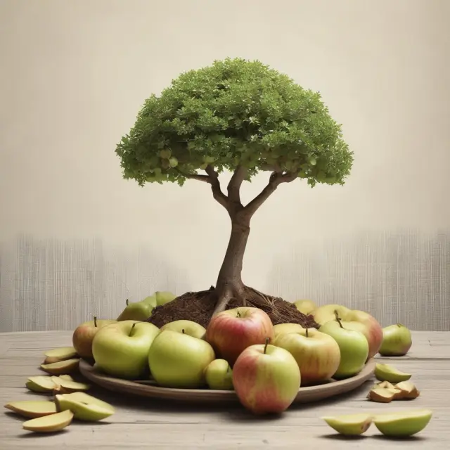 Two fruits - an Apple and Walnut - symbolizing Apple and Walmart respectively, with each fruit splitting into smaller, more accessible pieces to represent stock splits