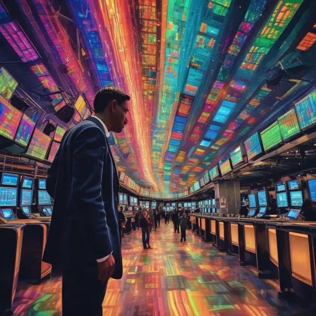 A colorful kaleidoscope of ticker symbols descends from the sky, inspiring frenzied note-taking among investors on a trading floor.