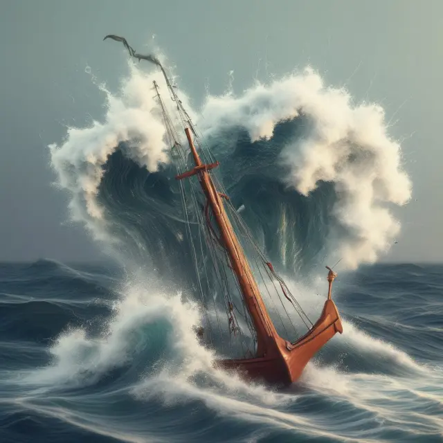 Volatile waves threatening to pull an anchor representing stop loss orders, illustrating price gaps and market volatility.