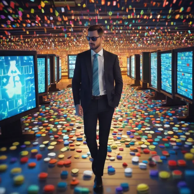 A trader in a boat surrounded by stock tickers, using trailing stop loss buoys to manage their positions and mitigate risk