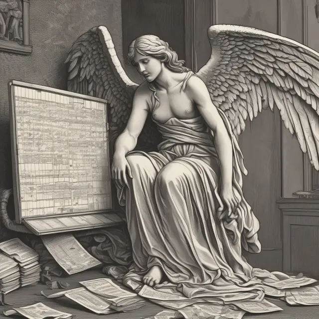 An angel gently executes stop orders on a stock market chart, shielding investors from potential losses