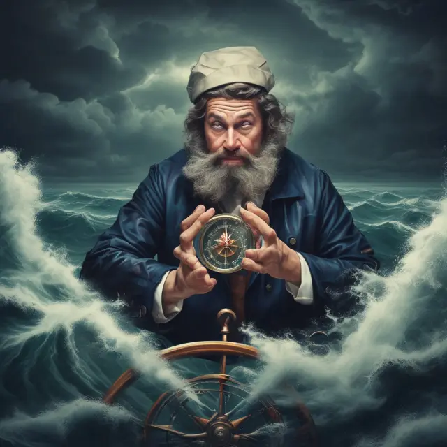 Investor sailing through rough waters, guided by stop orders on compass