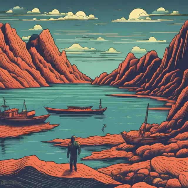 A trader paddling a canoe amidst a tumultuous sea representing short-term price fluctuations, while trying to avoid slippage risk shown as unstable boats