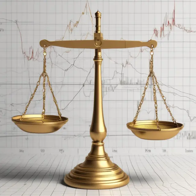 A balanced pair of scales symbolizes stop orders, with gold tokens representing risk tolerance, balancing financial price charts and technical trend lines