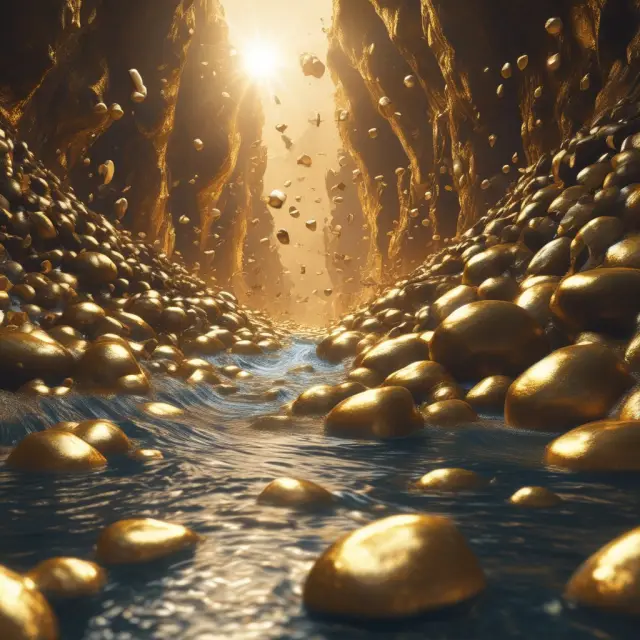 Golden nuggets floating in a river, illustrating the enduring nature of gold as a store of value.
