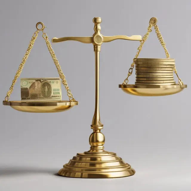 A balance with a golden coin and a paper note representing the comparison between store of value and fiat currency.