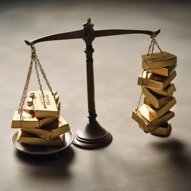 Image of a balance with gold bars on one side and local currency notes on the other, representing an investor evaluating potential stores of value