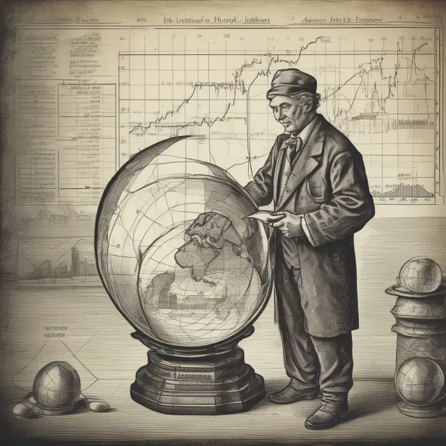 An oracle analyzes a crystal ball displaying a fundamental chart and stock price graph to identify long straddle opportunities amidst market volatility