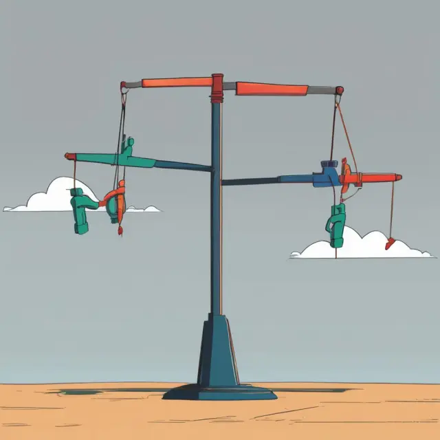 Two interconnected option contracts (put and call) on a seesaw, illustrating the long straddle strategy