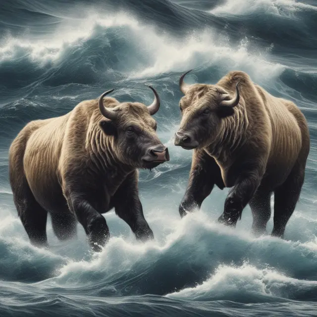 Two animals (bull and bear) standing still amidst turbulent waters symbolizing the risks of long straddle investment strategies when underlying securities remain stable