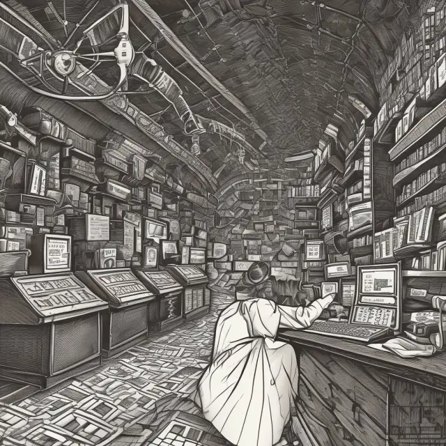 An old man in a time machine watches as payment processing methods evolve, starting with checks and culminating in digital transactions