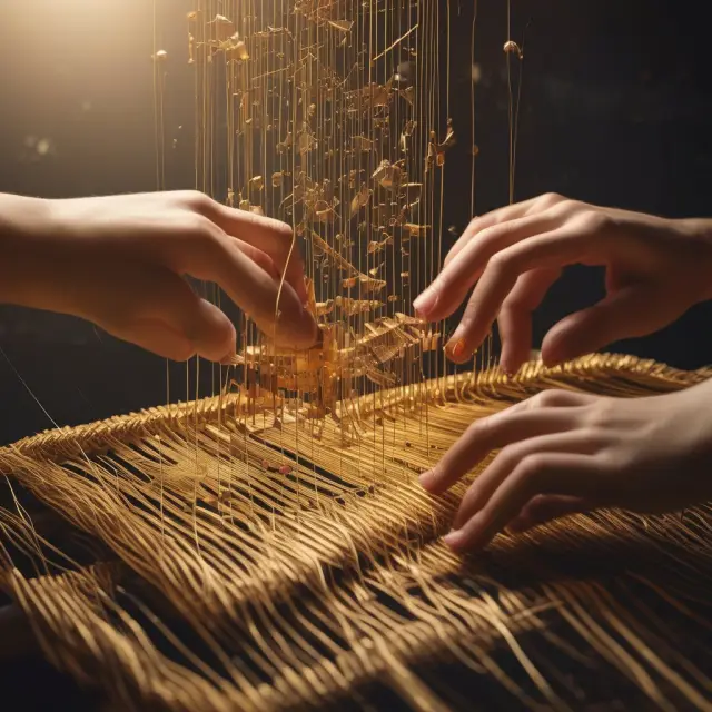 Automated e-commerce transaction process illustrated as golden hands weaving deals through a digital loom, emphasizing speed and efficiency