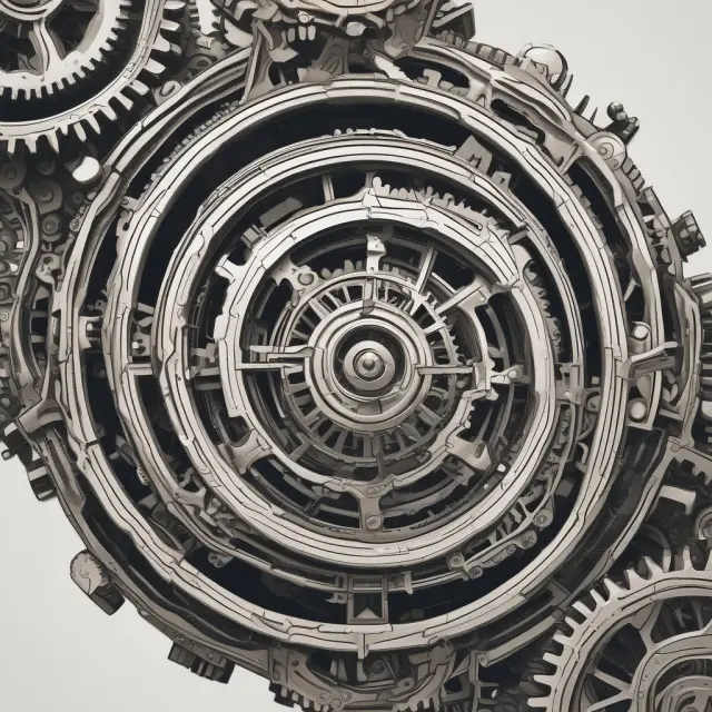 Clockwork marketplace with gears symbolizing STP for securities trading: efficient, error-free transactions and increased market efficiency