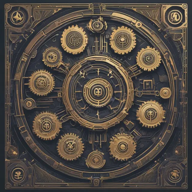 Image of interconnected blockchain gears representing STP, data security keys, and regulatory scales symbolizing compliance