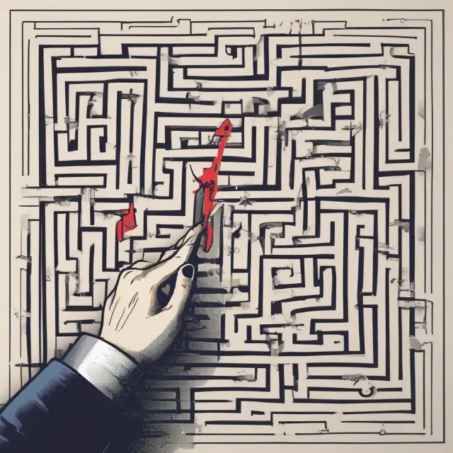 An individual navigating through an intricate options maze, grasping both call and put symbols, illustrating the concept of a long strangle strategy