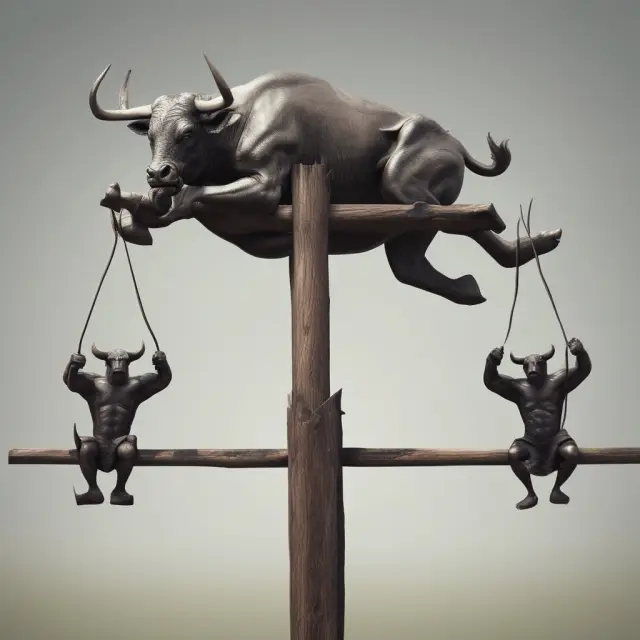 A bull and bear stand on opposite ends of a see-saw, representing the contrasting outcomes of long strangles and long straddles in options trading.