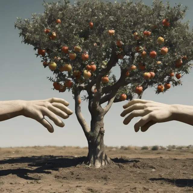 Image of two hand sculptures creating an upwards and downwards apple tree, symbolizing potential profit from a long strangle strategy in volatile markets