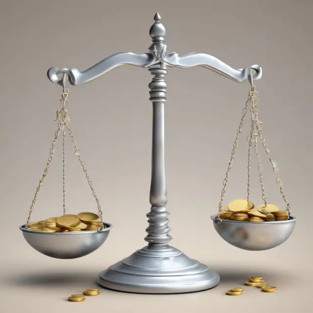 Visualization of capital structure with balance scale featuring gold and silver coins, while financing strategies are represented by water flow.