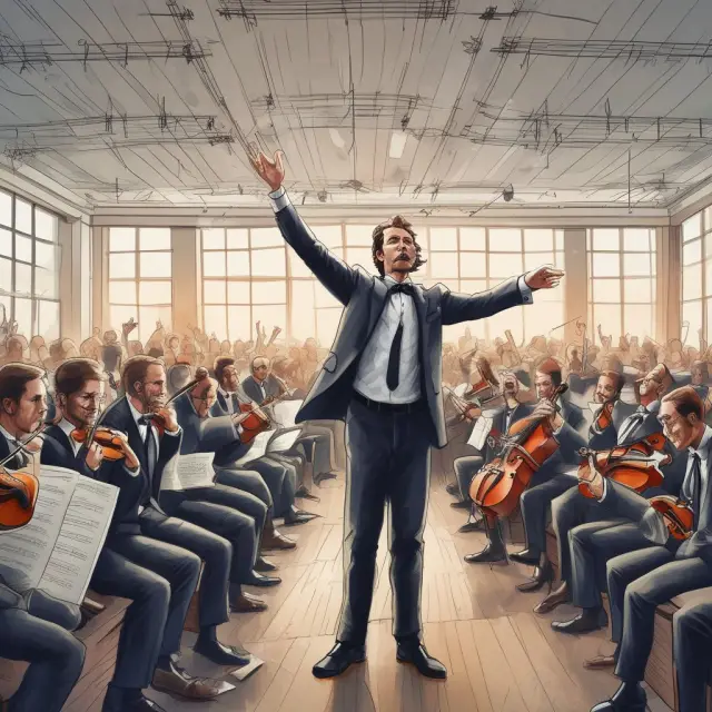 A CEO conducts various managers as they play their part in implementing strategic plans within the organization, ensuring harmony and alignment towards long-term goals