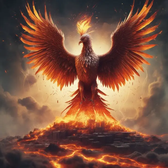 A mythical Phoenix rises from technological flames, signifying strategic management