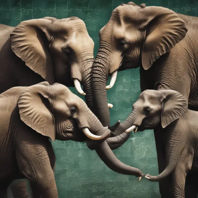 Two large, intelligent elephants working together to create a complex puzzle, symbolizing the process of forming a strategic alliance through collaboration and goal-setting.