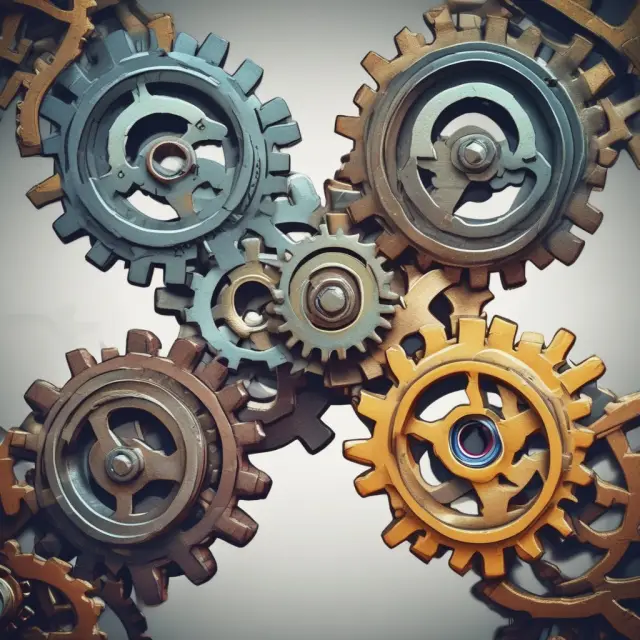 Two interconnected gears symbolizing companies entering a strategic alliance, supported by a foundation of a legally binding contract.