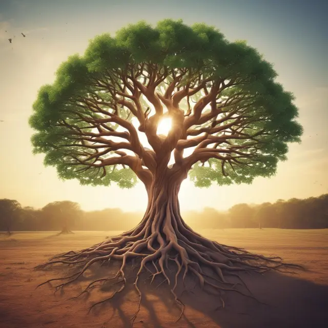 A vibrant tree symbolizing strategic alliances, with intertwined branches representing shared resources and risks