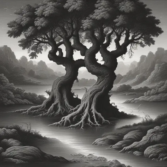 Two interconnected rivers represent the Black-Scholes and Binomital Tree models in options trading. Strike prices flow through these rivers, defining moneyness: ITM, ATM, and OTM.
