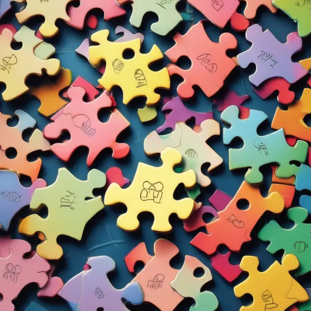 Puzzle pieces representing strike prices forming diverse option trading strategies: straddle, strangle, spreads, covered call, protective put, and collar.