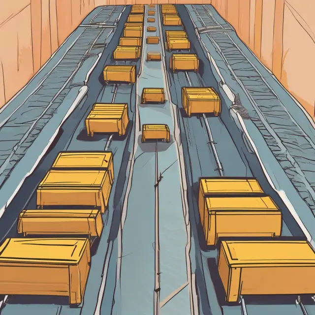 A conveyor belt carrying illiquid financial assets through various stages, resulting in marketable securities