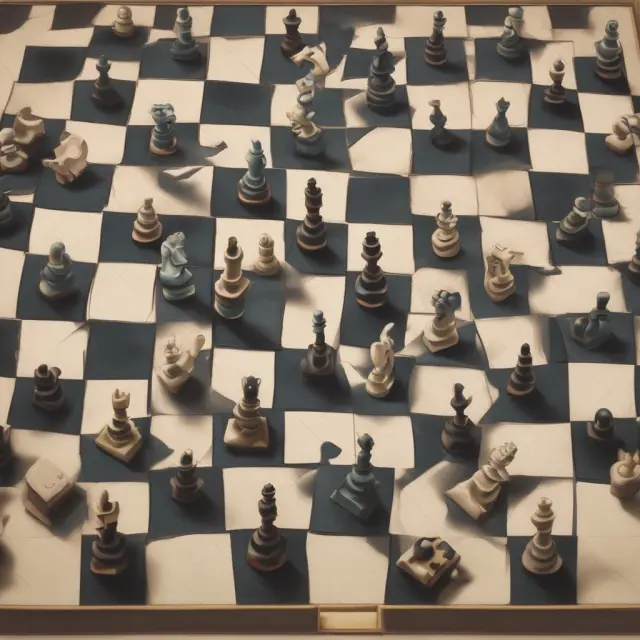 An intricate chessboard depicts mortgage-backed securities as a puzzle of interconnected loans managed through various tranches and servicing entities in the realm of structured finance.
