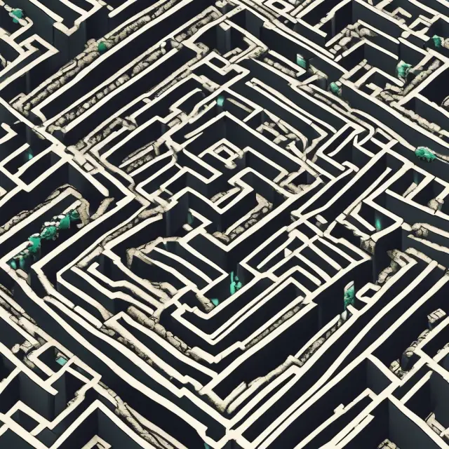 A labyrinth filled with interconnected puzzle pieces symbolizing complex structured finance deals being navigated by a financial expert, guided by the magic wand of securitization.