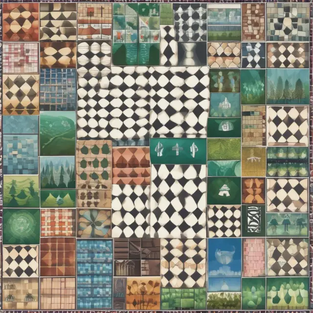 A diverse array of stock, bond, ETF, mutual fund, and structured note tiles depicted on a checkerboard, illustrating various investment options