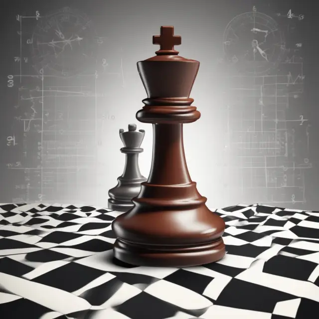Structured note represented by a chess piece on a volatile stock index, balancing potential gains and losses. Maturity date is symbolized by a clock and strike price as a protective barrier.