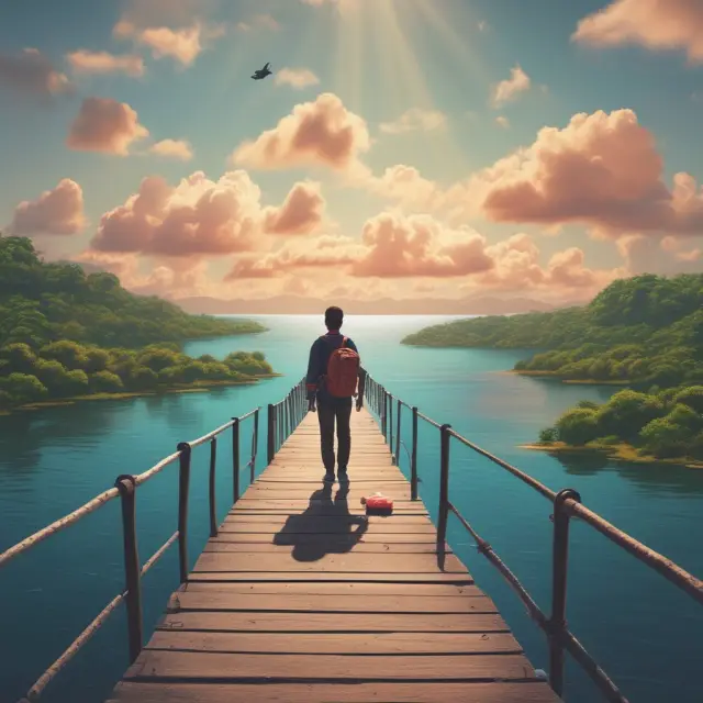 Graduated student on a bridge, releasing debt bags to an island signifying opportunities through student loan forgiveness