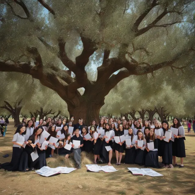 An image of students seeking forgiveness for their student loans under an olive tree, with a sky filled with falling legal documents representing ongoing court challenges