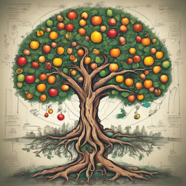 An illustration showing an S corp tree with interconnected roots representing various industries, fruitful branches symbolizing benefits, and a diverse community of shareholders